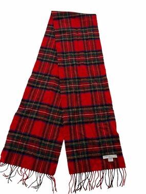 Vintage Johnstons of Elgin Red Plaid Lambswool Scarf Tartan Fringe Scotland